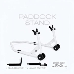 RKTECH white universal motorcycle paddock stand with spool and L-clamp attachments for maintenance.