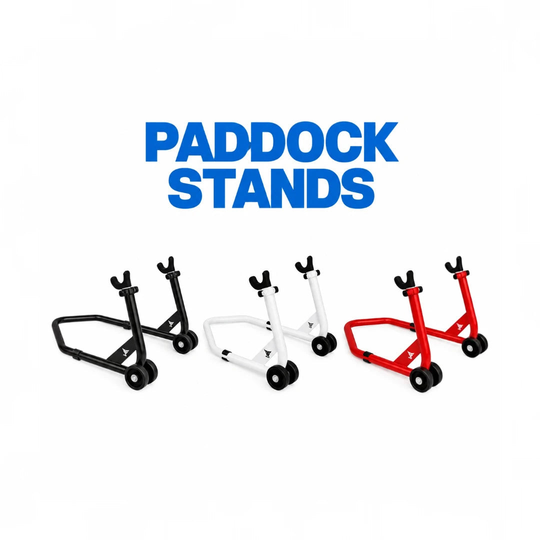 RKTECH Uni Paddock Stands in black, white, and red for motorcycle maintenance with spool and L-clamp options