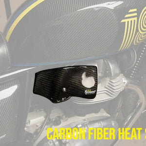 RLZ twill gloss carbon fiber heat shield installed on a Royal Enfield Interceptor 650 motorcycle engine