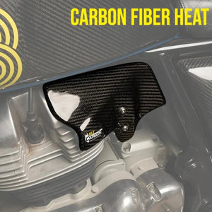 RLZ carbon fiber heat shield installed on a Royal Enfield Interceptor 650 engine with a glossy twill finish.