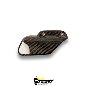 Carbon fiber heel guard for Royal Enfield Interceptor 650 with a glossy weave finish.