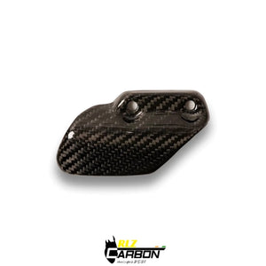 Carbon fiber heel guard for Royal Enfield Interceptor 650 with glossy weave finish.