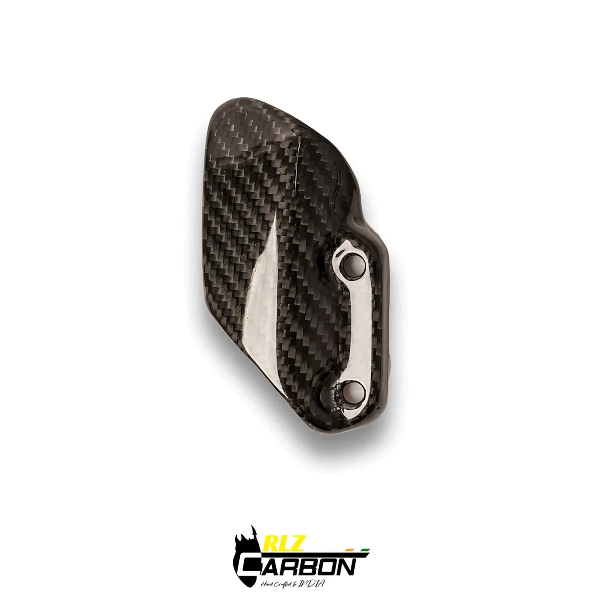 Carbon fiber heel guard for Royal Enfield Interceptor 650 with a glossy weave finish.