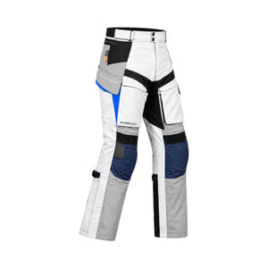 Rynox Stealth EVO 4 motorcycle adventure touring pants in white, grey, and blue with protective panels.
