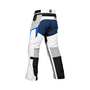 Rynox Stealth EVO 4 adventure touring motorcycle pants in white, grey, blue, and black with adjustable straps.