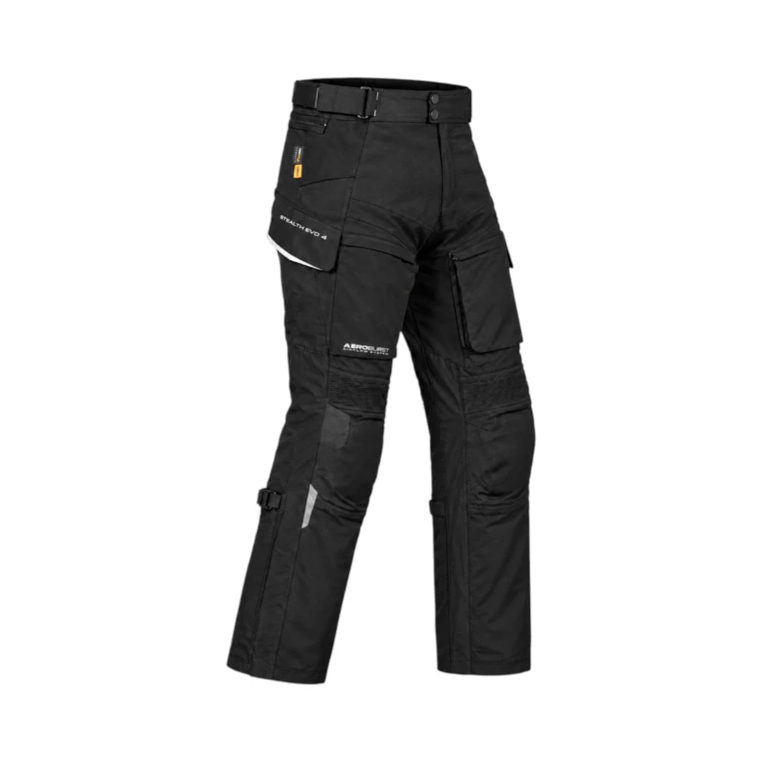 Rynox Stealth EVO 4 black adventure motorcycle touring pants with protective knee and thigh ventilation