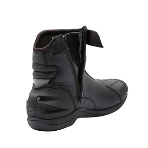Solace Speed X 2.0 black leather short motorcycle boots with TPU heel counter and side zipper closure.