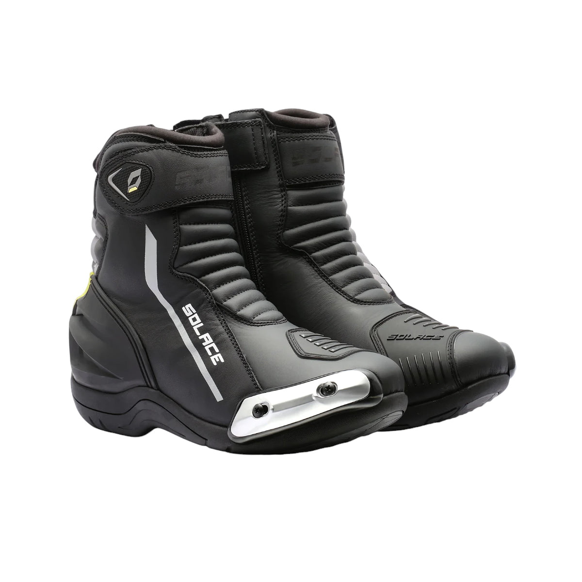 Solace Speed X 2.0 black leather short motorcycle boots with metal toe sliders and reinforced protection.