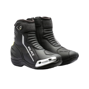 Solace Speed X 2.0 black leather short motorcycle boots with metal toe sliders and reinforced protection.