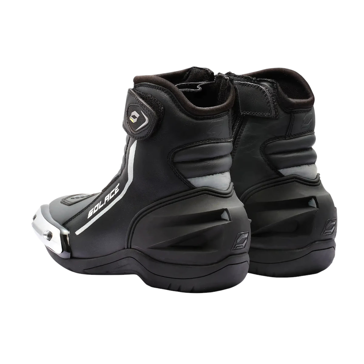 Solace Speed X 2.0 black leather short motorcycle boots with metal toe sliders and TPU heel protection.