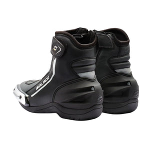 Solace Speed X 2.0 black leather short motorcycle boots with metal toe sliders and TPU heel protection.