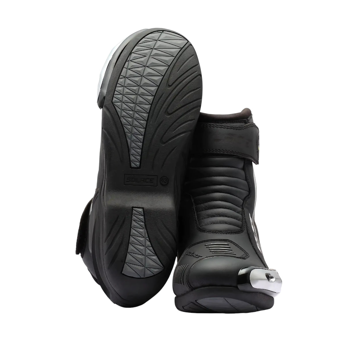 Solace Speed X 2.0 black leather motorcycle boots with metal toe sliders and rubber soles.