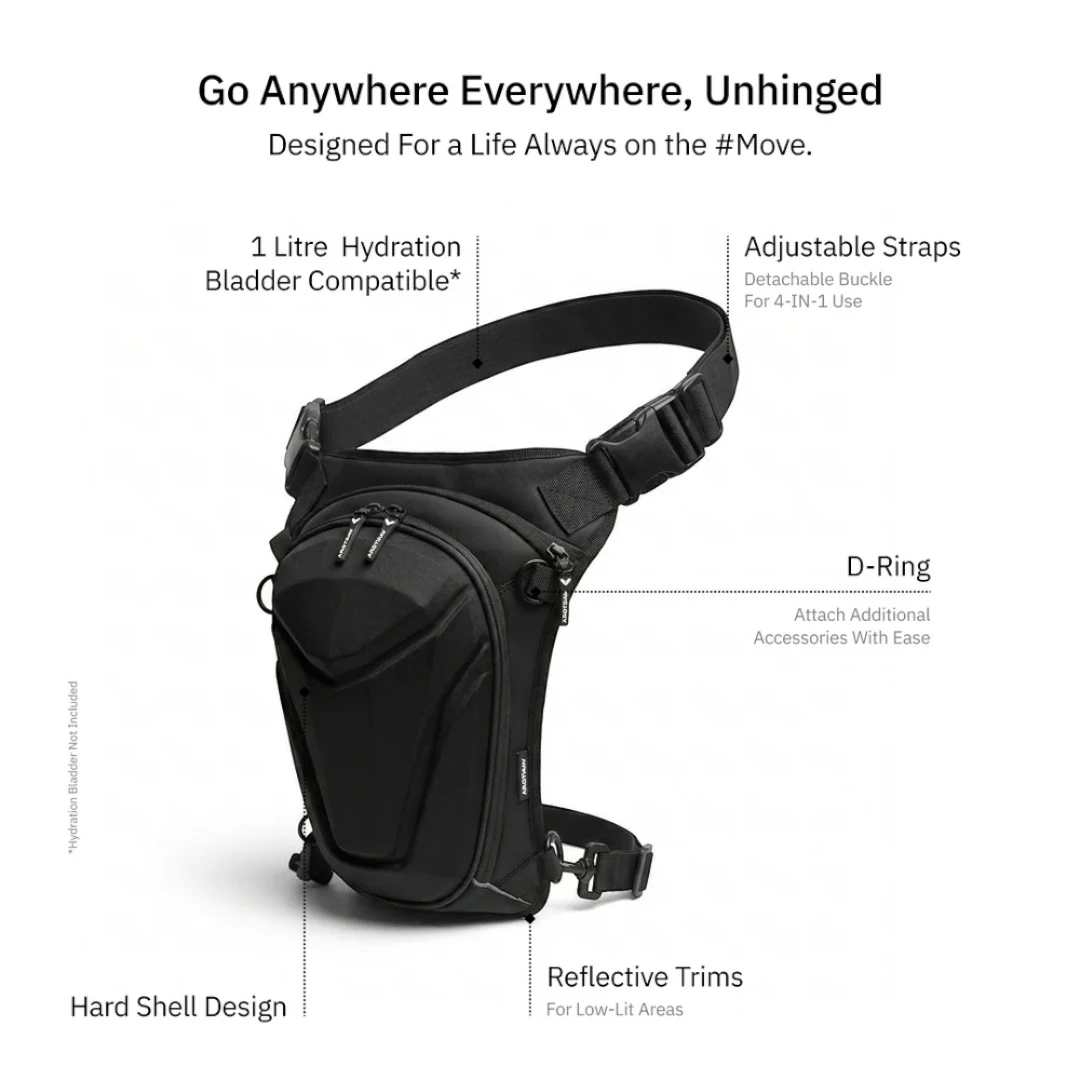 Vantora ARC 5L hard-shell motorcycle thigh bag in black with adjustable straps and reflective trim details.