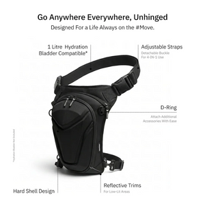 Vantora ARC 5L hard-shell motorcycle thigh bag in black with adjustable straps and reflective trim details.