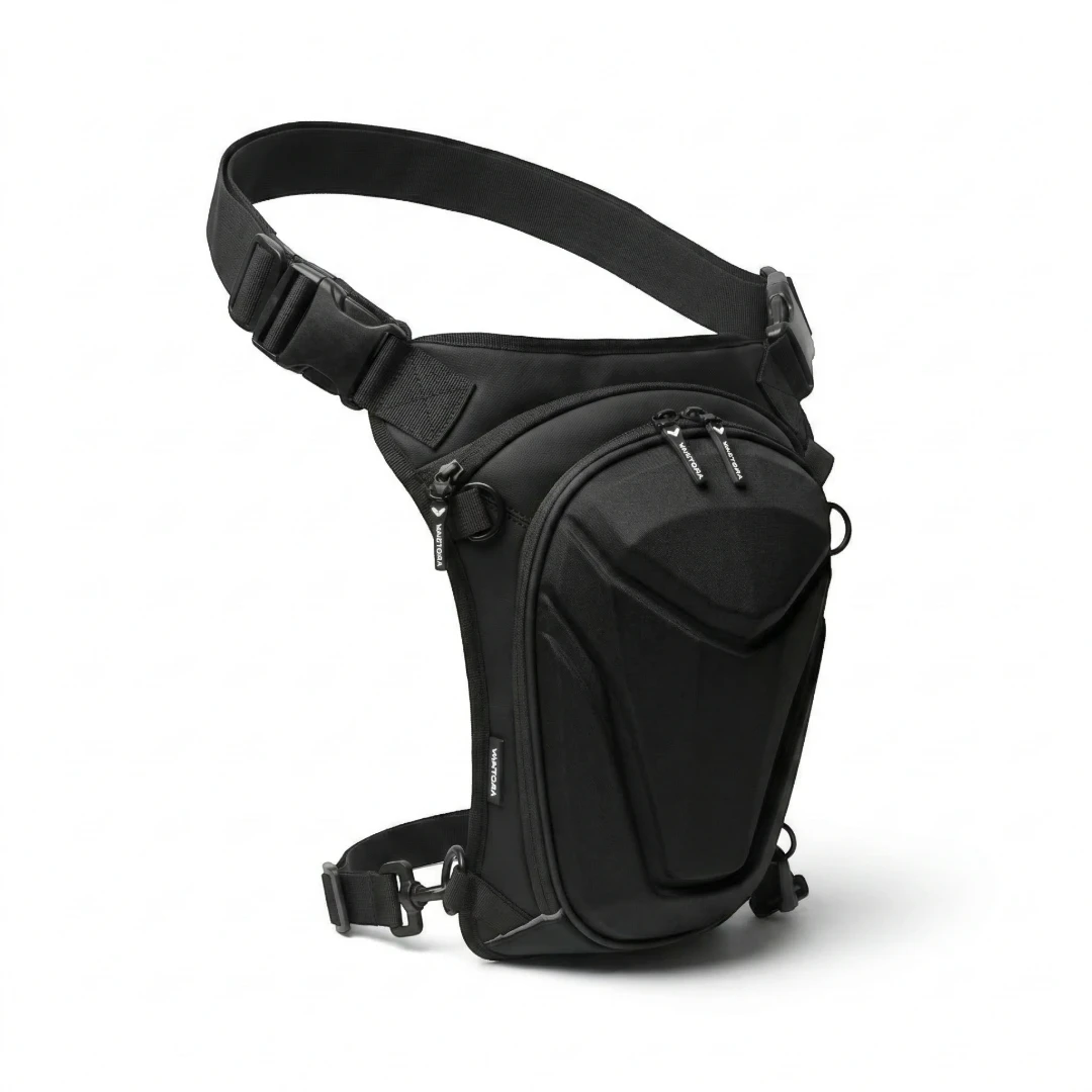 Vantora ARC 5L black hard-shell motorcycle thigh bag with adjustable straps for secure everyday