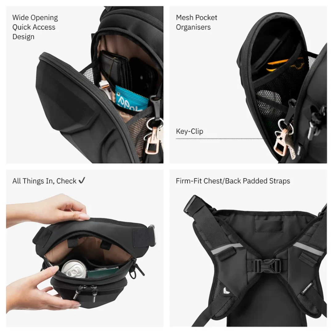 Vantora ARC 5L black hard-shell motorcycle thigh bag featuring internal mesh pockets and adjustable straps.