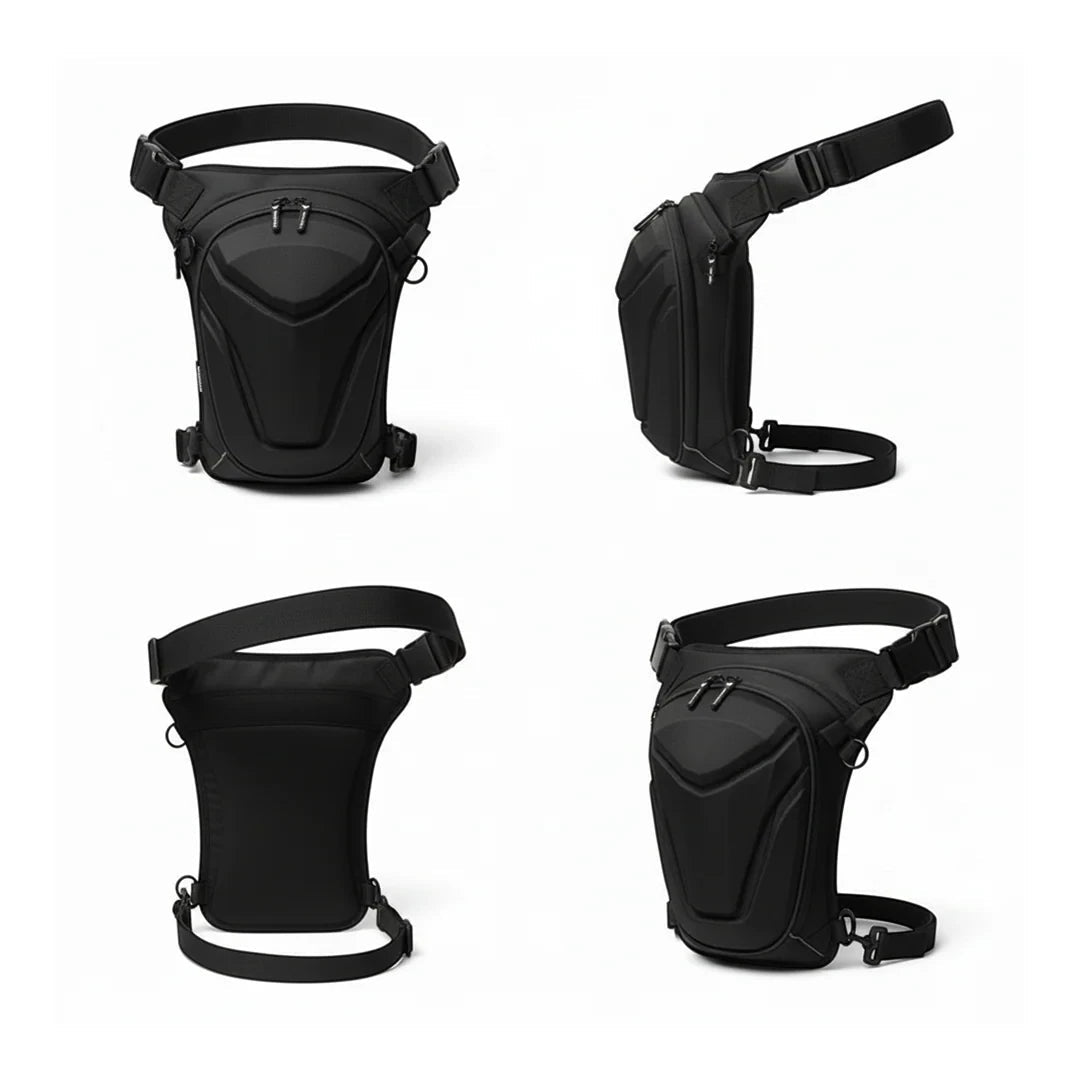 Vantora ARC 5L black hard-shell motorcycle thigh bag with adjustable straps shown from multiple angles.