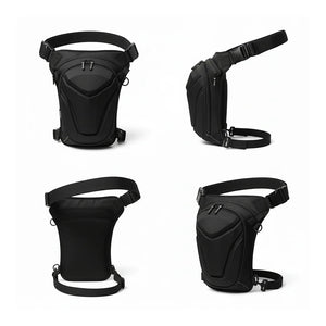 Vantora ARC 5L black hard-shell motorcycle thigh bag with adjustable straps shown from multiple angles.