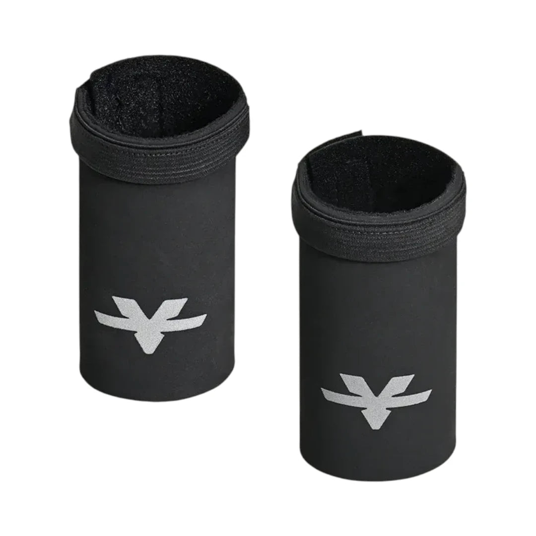 ViaTerra Essentials black neoprene motorcycle front fork sleeves with white logo for suspension protection