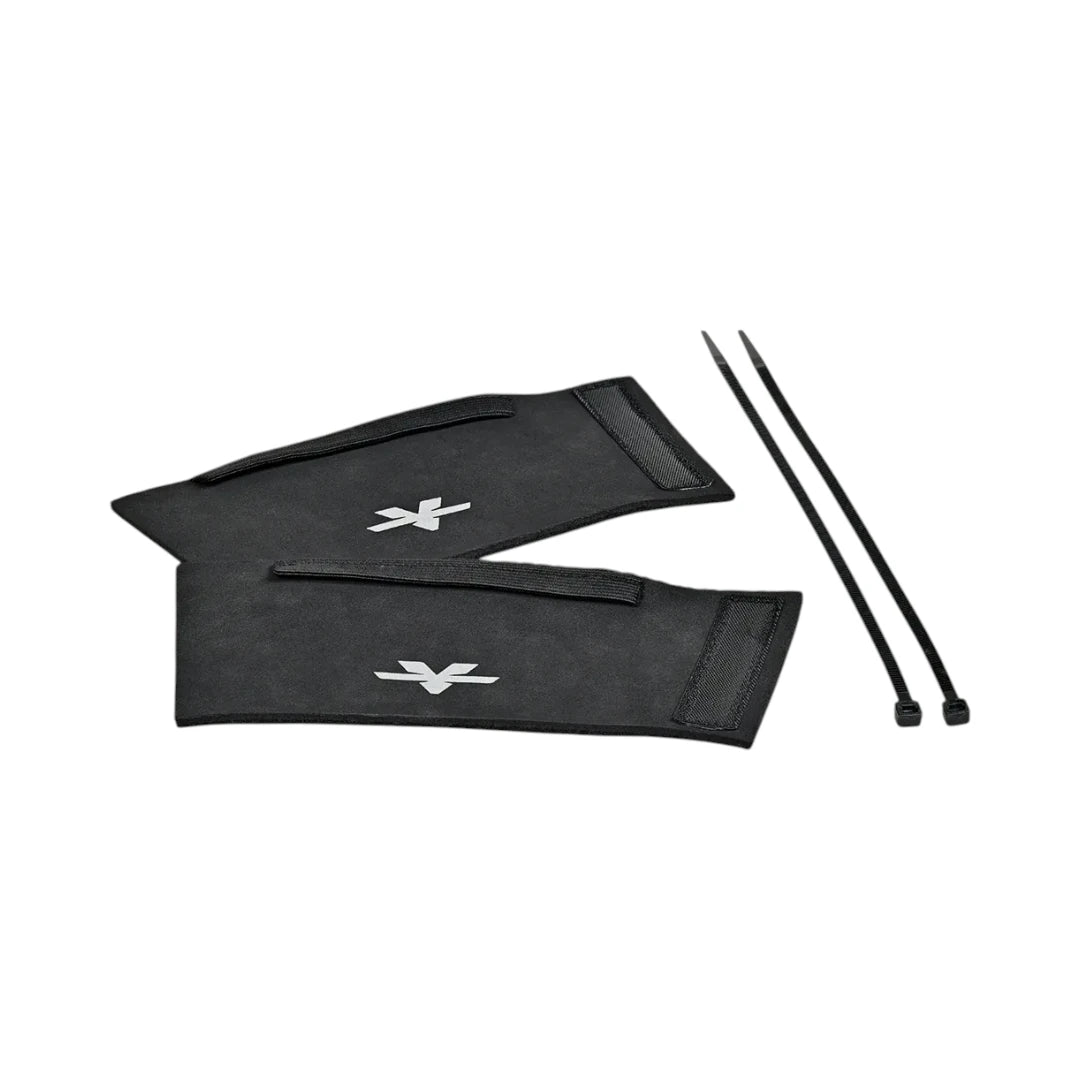 ViaTerra Essentials black neoprene motorcycle front fork sleeves with micro hook fasteners and zip ties.