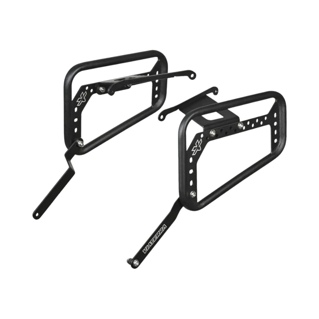 ViaTerra matte black steel saddlebag rack for Royal Enfield Guerrilla 450 motorcycle luggage support