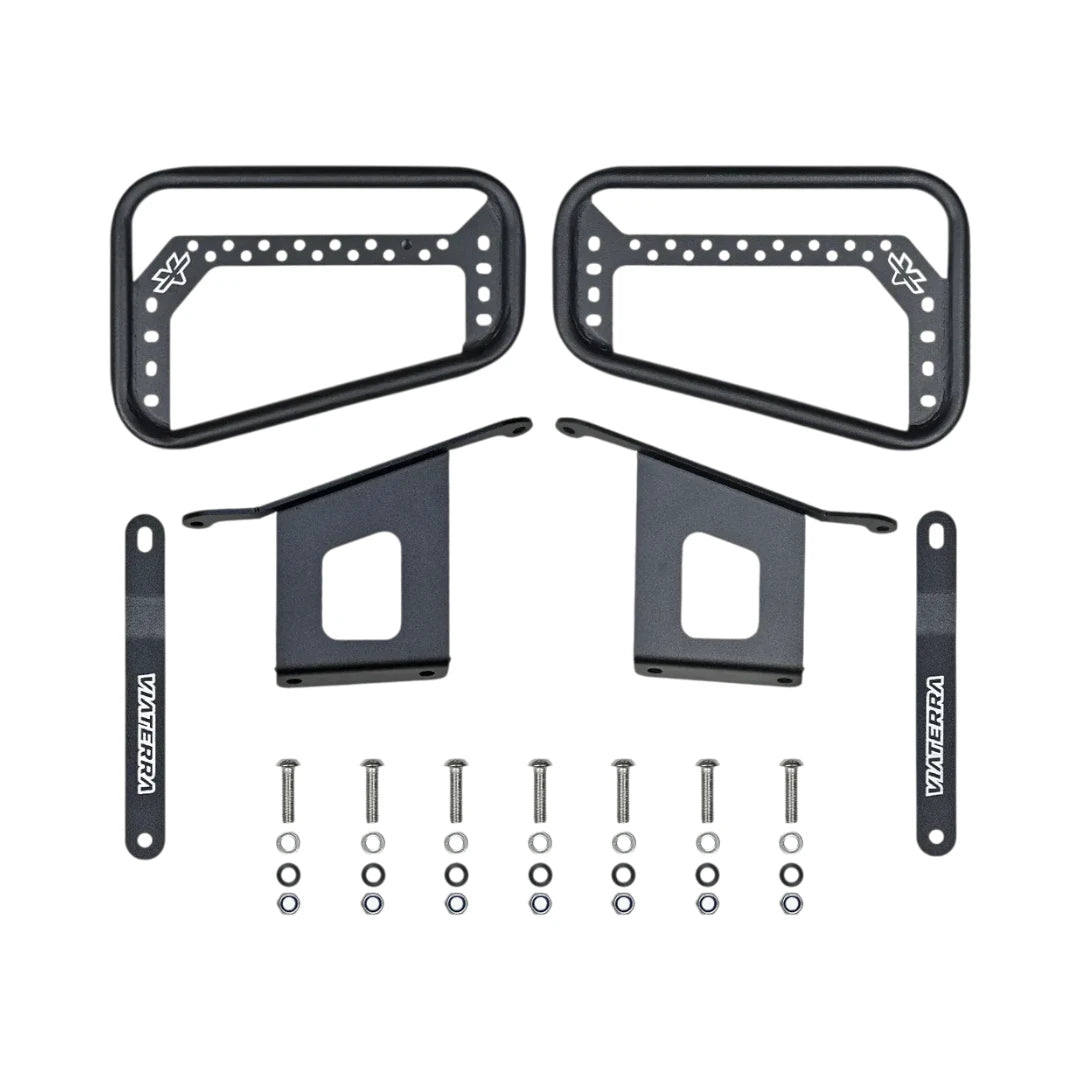 ViaTerra saddlebag rack set for Royal Enfield Guerrilla 450 in matte black powder-coated steel with hardware.