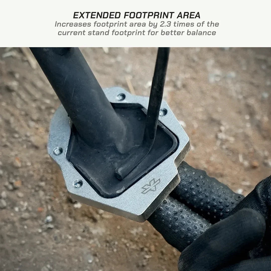 ViaTerra stainless steel side stand shoe installed on a Hero XPulse 210 for increased parking stability