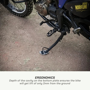 ViaTerra stainless steel side stand shoe installed on a Hero XPulse 210 motorcycle on a dirt surface