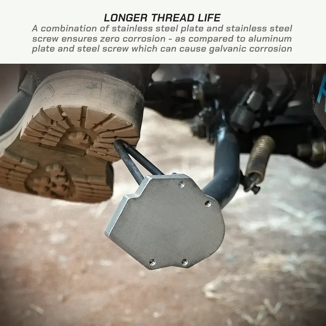 ViaTerra stainless steel side stand shoe for Hero XPulse 210, providing a larger footprint for stability.