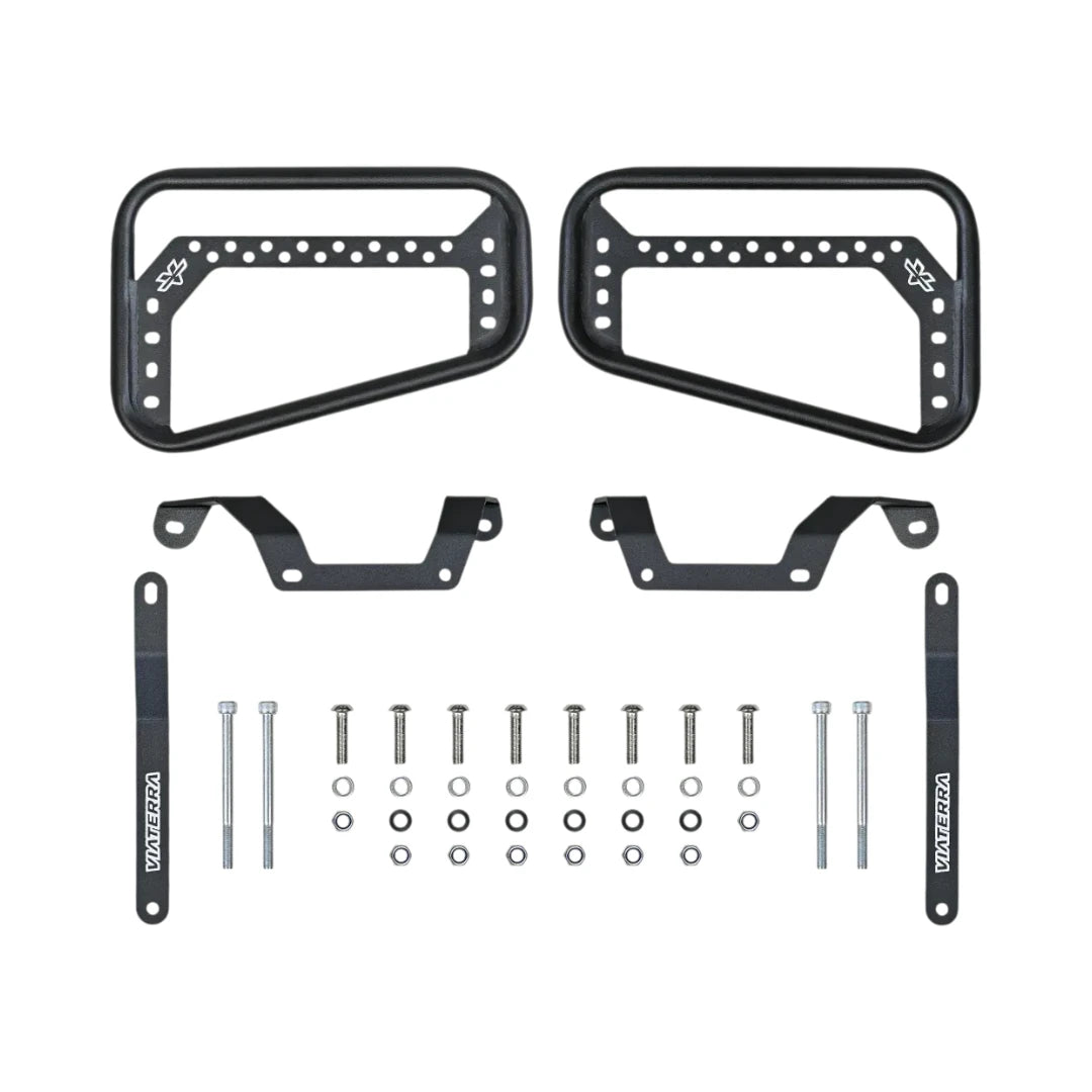 ViaTerra saddlebag rack set for Royal Enfield Himalayan 450 in matte black steel with mounting hardware