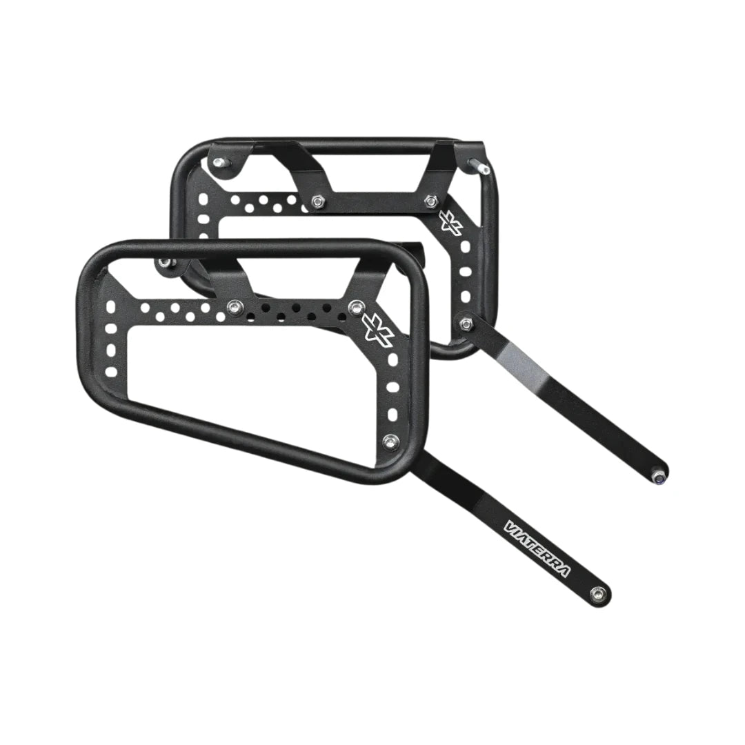 ViaTerra matte black steel saddlebag rack for Royal Enfield Himalayan 450 with CNC-bent tubing