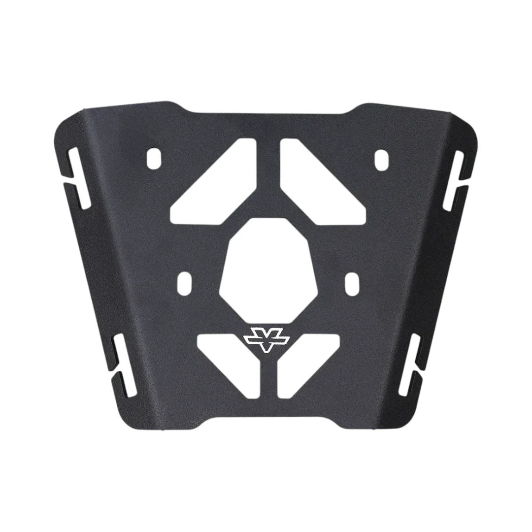 ViaTerra black powder-coated steel rear luggage rack for KTM Adventure 390 Gen 3 with quick-release slots.