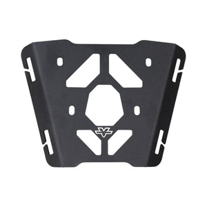 ViaTerra black powder-coated steel rear luggage rack for KTM Adventure 390 Gen 3 with quick-release slots.