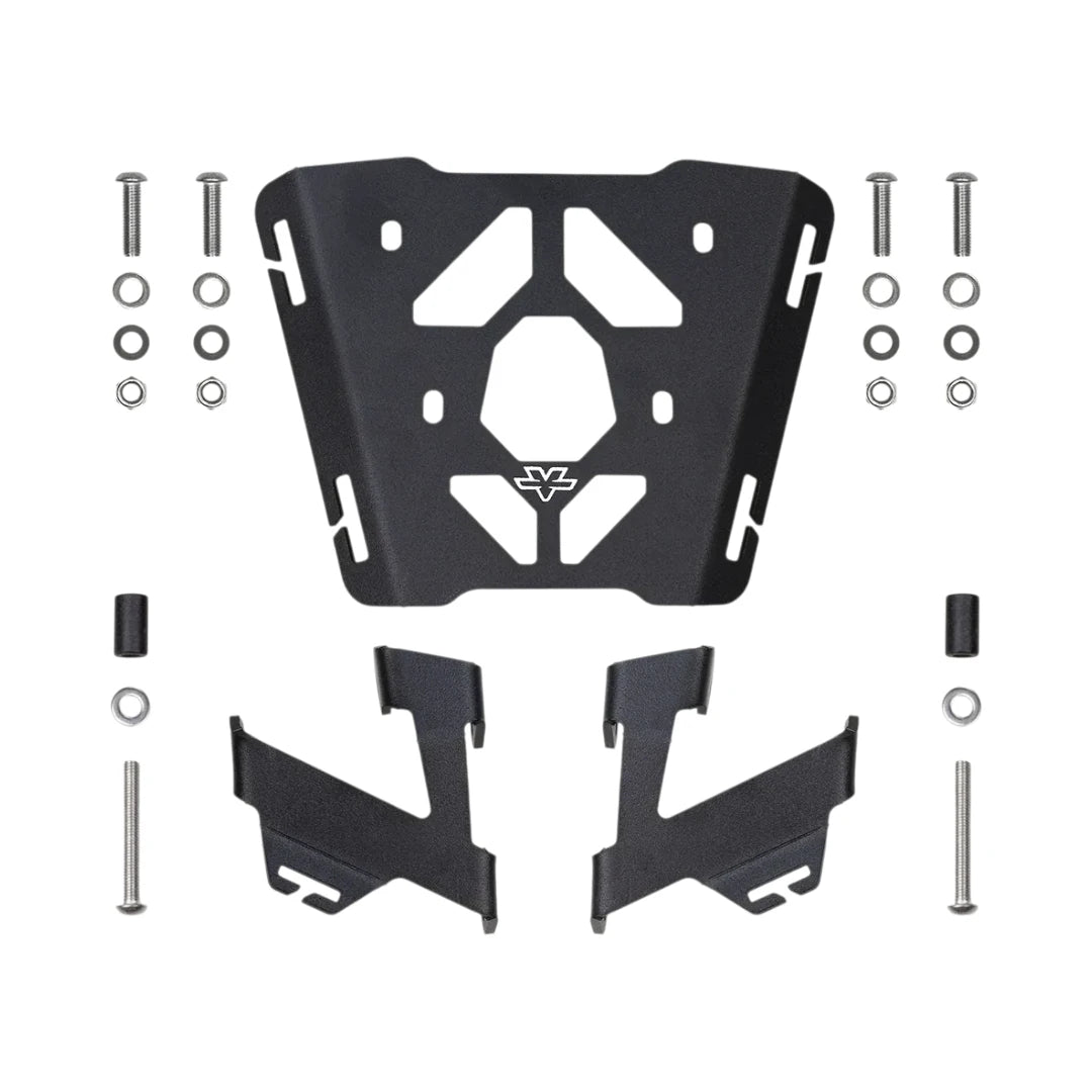 ViaTerra quick mount rear rack for KTM Adventure 390 Gen 3 with mounting hardware and brackets