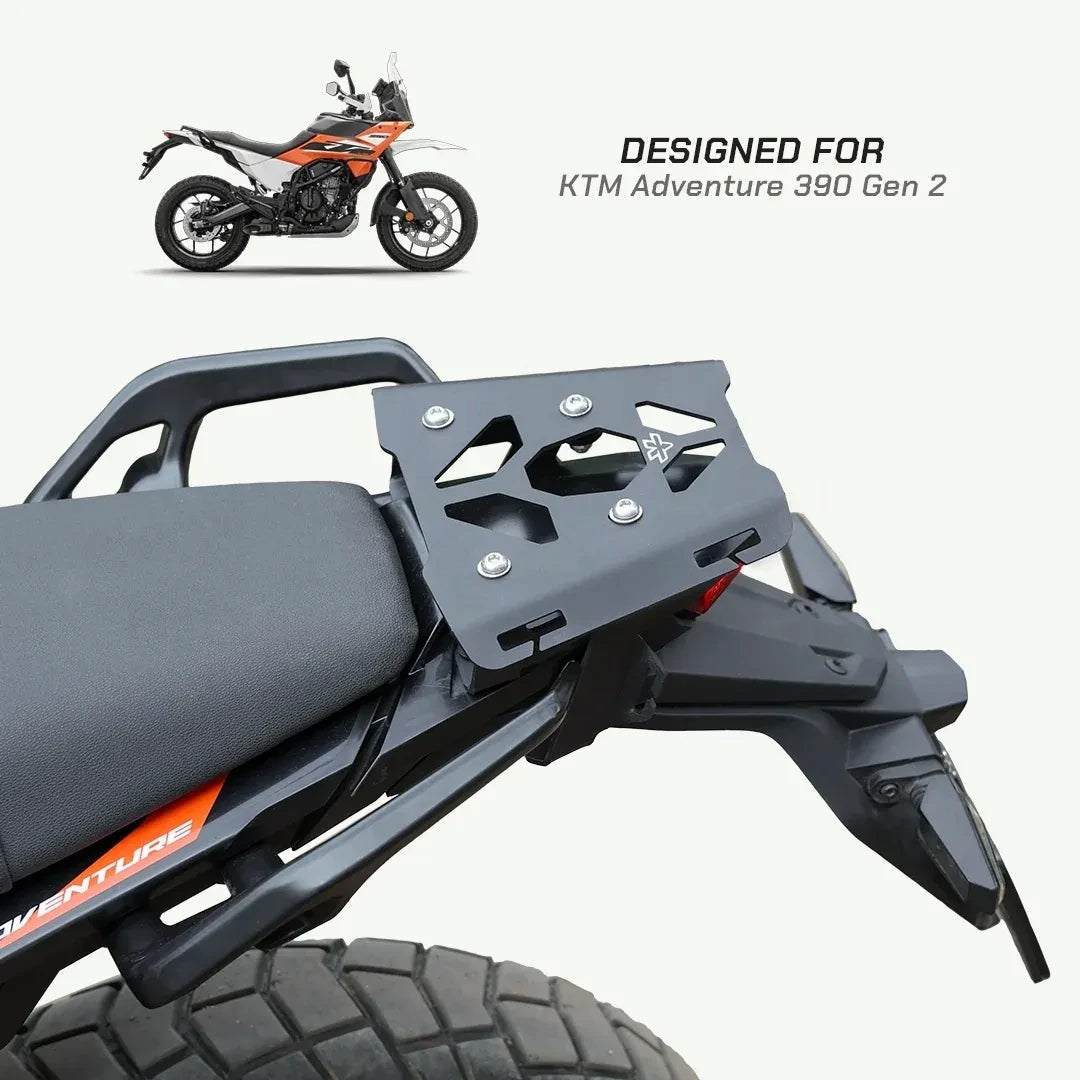 ViaTerra quick mount rear rack in matte black steel installed on a KTM Adventure 390 motorcycle
