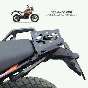 ViaTerra quick mount rear rack in matte black steel installed on a KTM Adventure 390 motorcycle