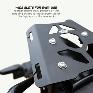 ViaTerra rear rack for KTM Adventure 390 Gen 3 featuring matte black steel and quick-release luggage slots