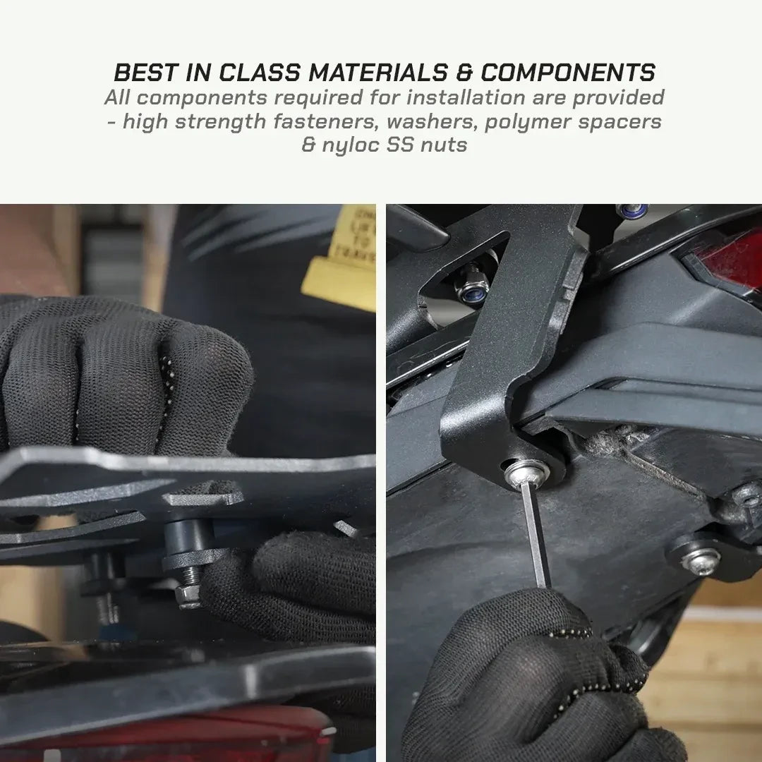 ViaTerra rear rack installation on KTM Adventure 390 showing high-strength fasteners and polymer spacers