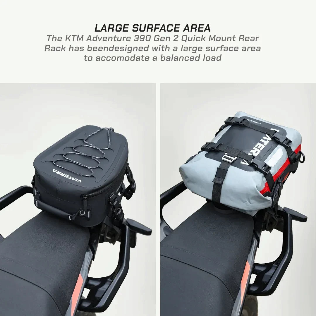 ViaTerra rear rack on KTM Adventure 390 showing large surface area with mounted tail bags for touring