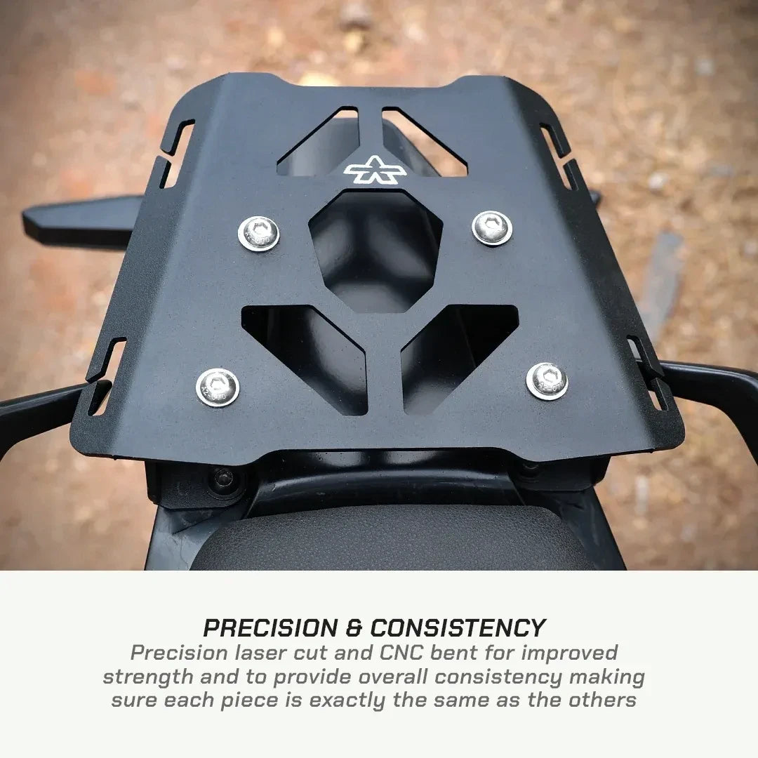 ViaTerra matte black steel rear luggage rack mounted on a KTM Adventure 390 Gen 3 motorcycle