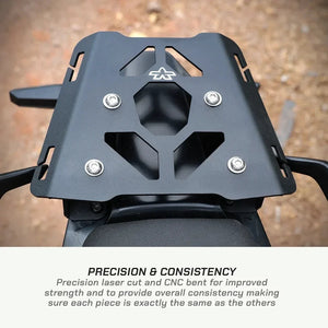 ViaTerra matte black steel rear luggage rack mounted on a KTM Adventure 390 Gen 3 motorcycle