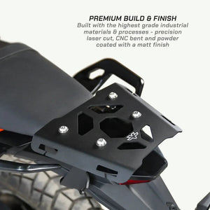 ViaTerra quick mount rear rack for KTM Adventure 390 Gen 3 with matte black powder-coated steel finish