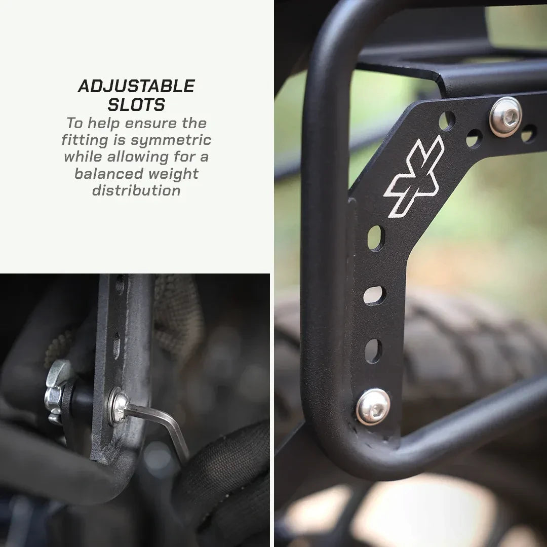 ViaTerra saddlebag rack for KTM Adventure 390 Gen 3 showing laser-cut adjustable mounting slots and hardware