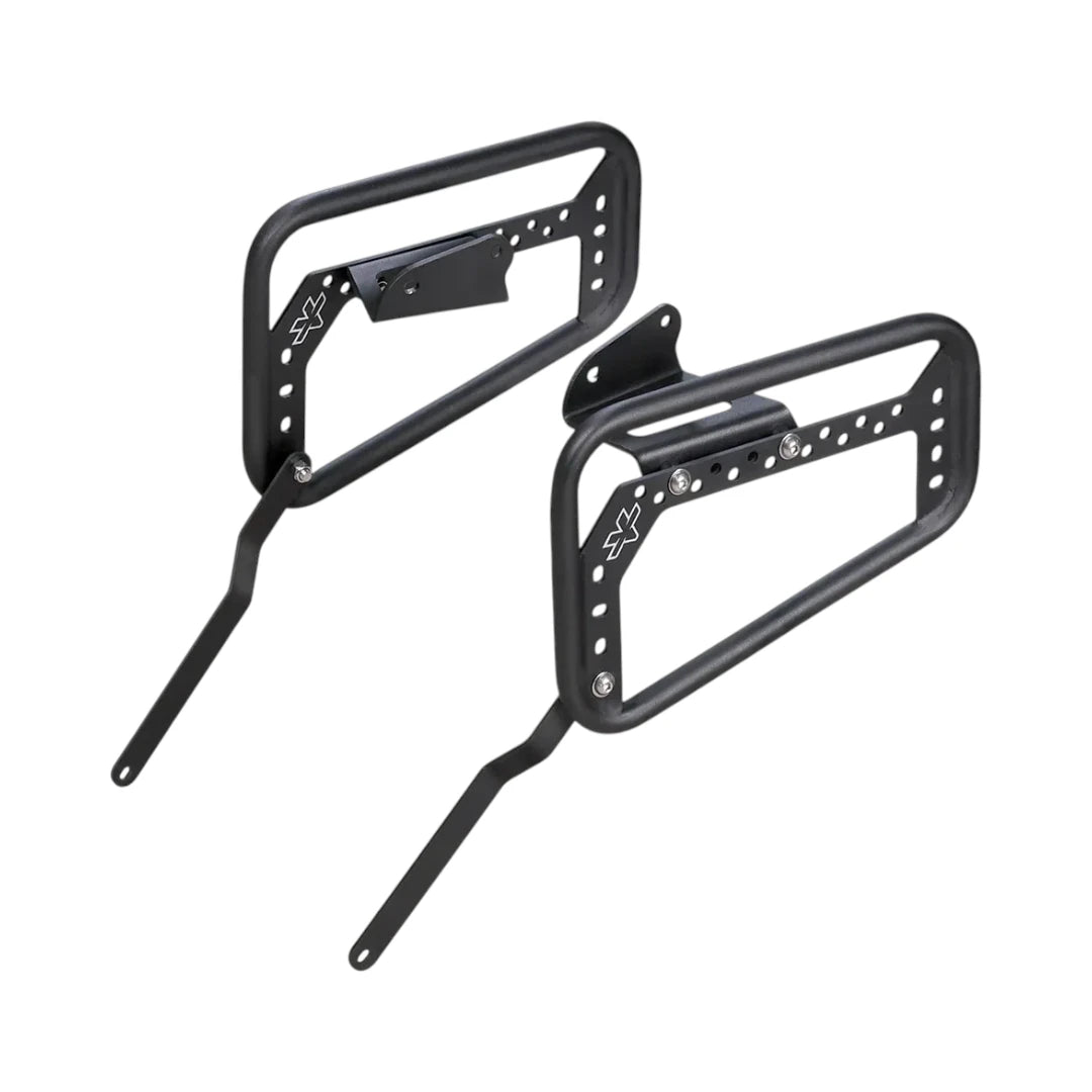 ViaTerra matte black steel saddlebag rack for KTM Adventure 390 Gen 3 motorcycle touring luggage support