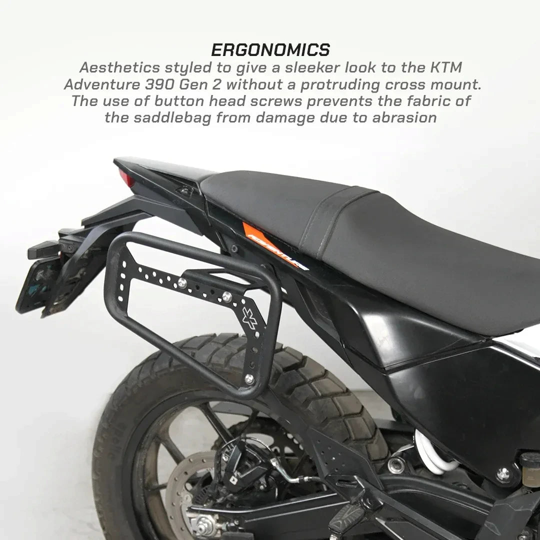 ViaTerra saddlebag rack mounted on a KTM Adventure 390 Gen 3 motorcycle for secure luggage touring.