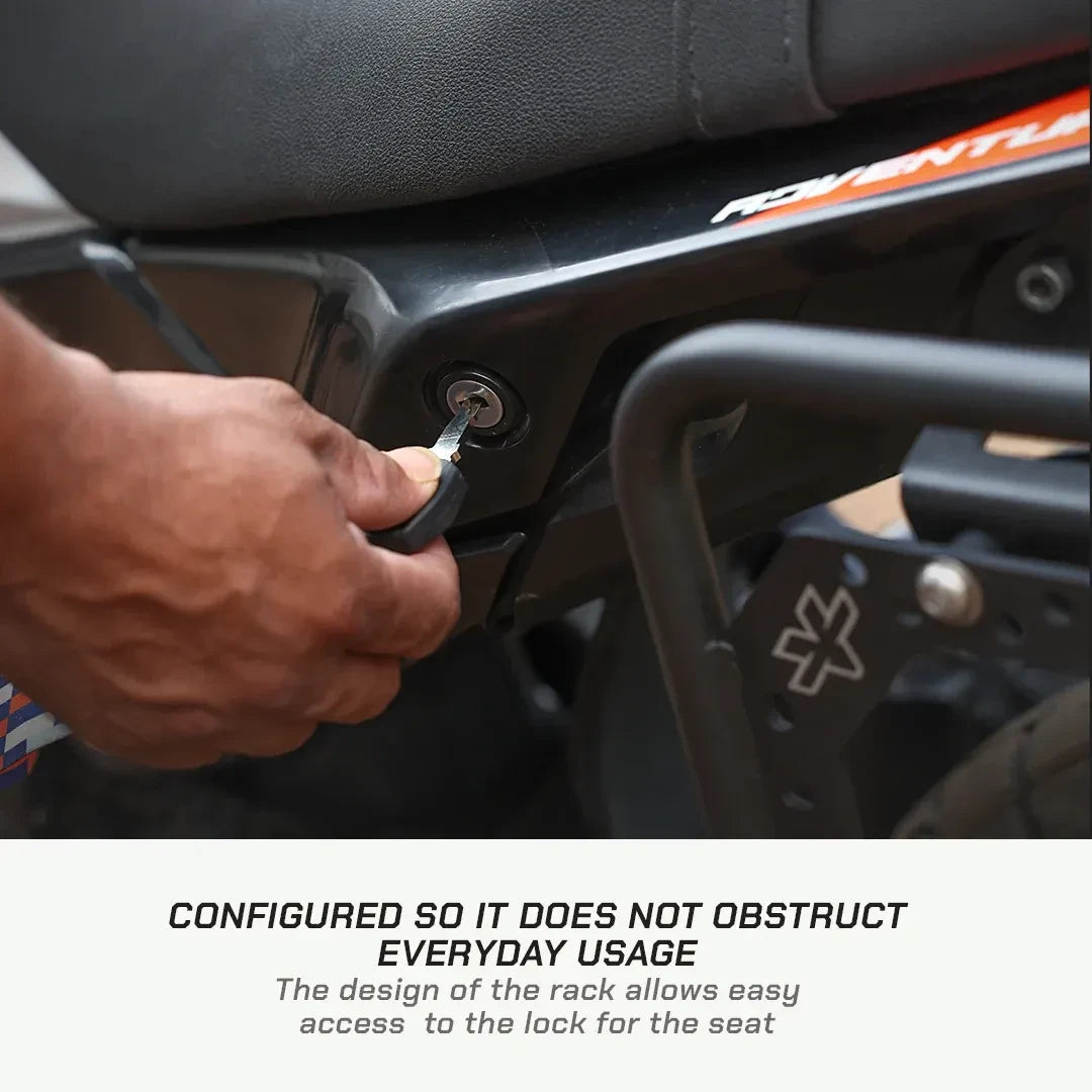 ViaTerra saddlebag rack on KTM Adventure 390 showing clear access to the seat lock keyhole