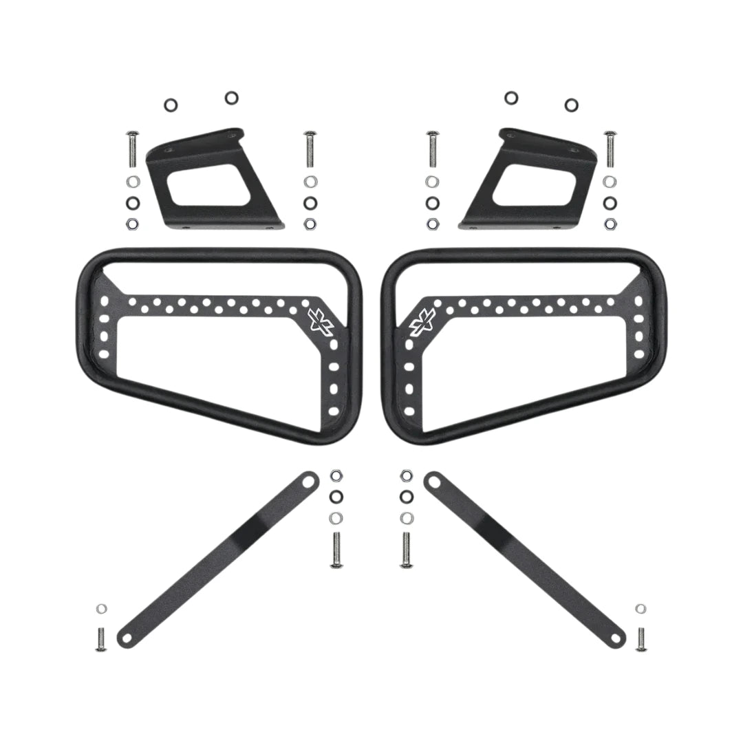 ViaTerra saddlebag rack set for KTM Adventure 390 Gen 3 in matte black steel with mounting hardware