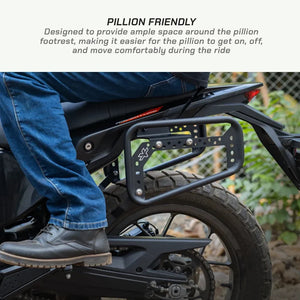 ViaTerra saddlebag rack installed on a KTM Adventure 390 Gen 3, showing pillion footrest clearance.