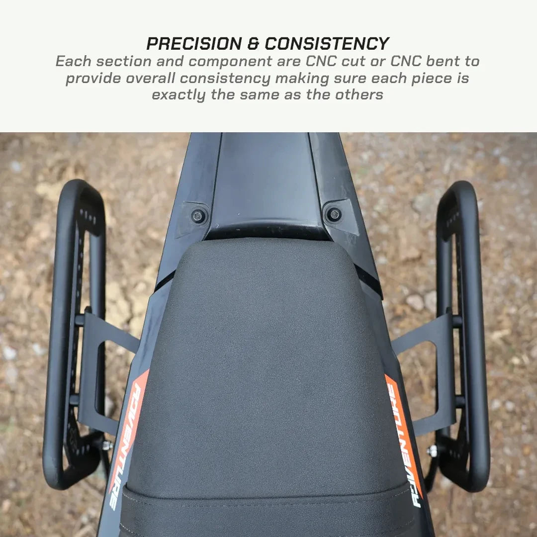 ViaTerra saddlebag rack mounted on a KTM Adventure 390 Gen 3, showing the matte black steel side stays.