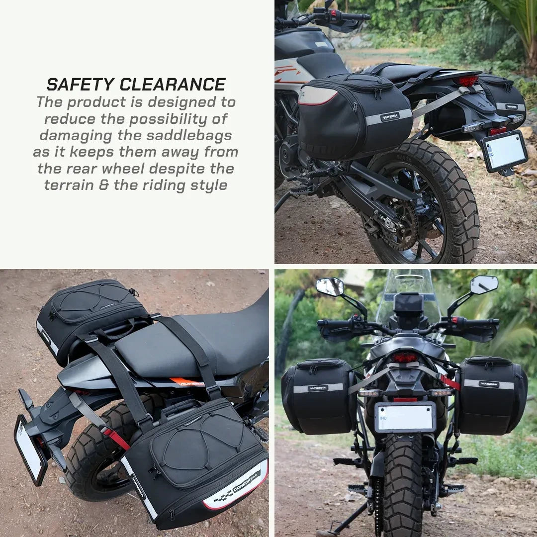 ViaTerra saddlebag rack installed on a KTM Adventure 390 Gen 3 with black luggage bags for touring stability